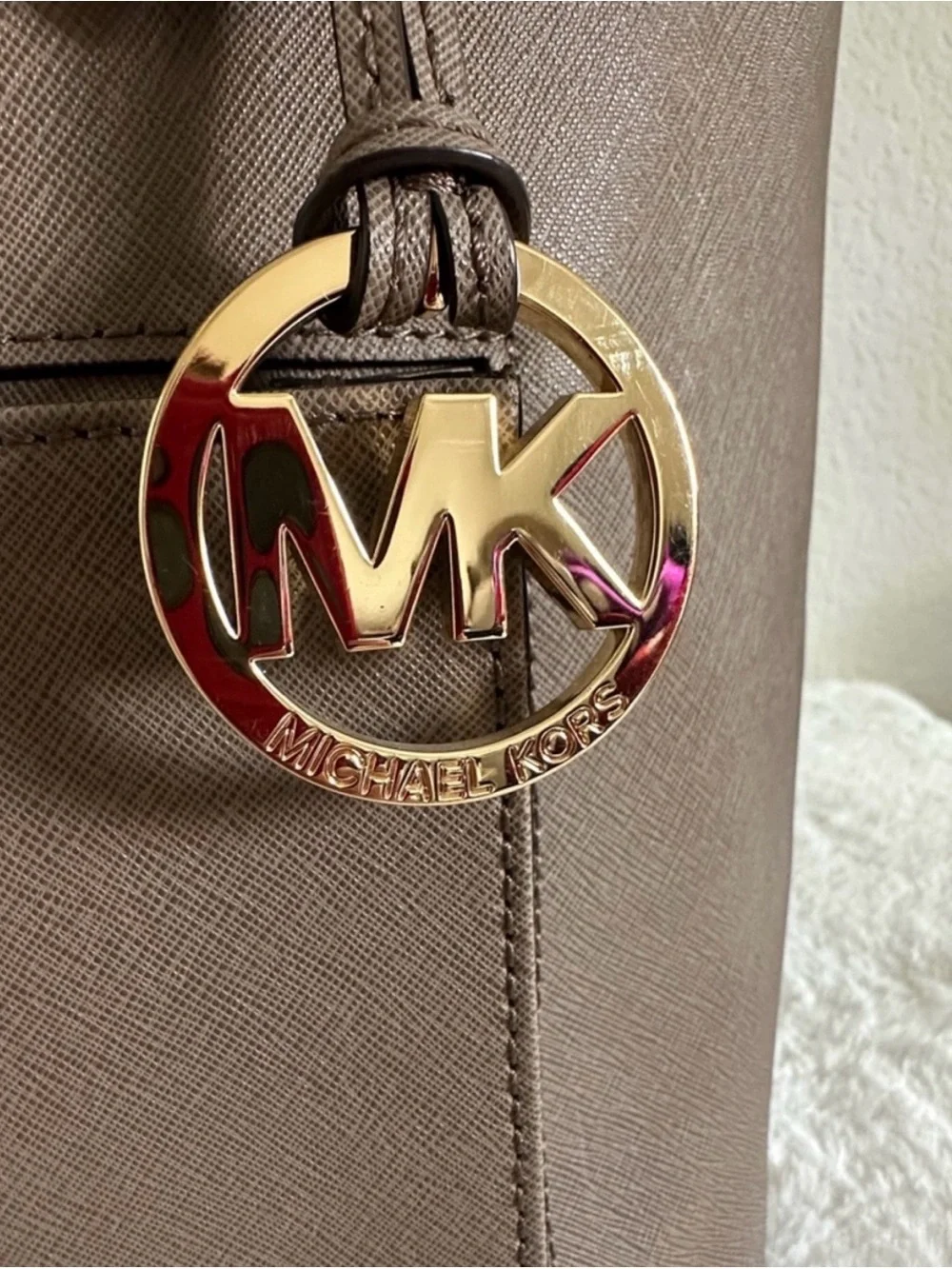 Michael Kors Taupe Saffiano Leather Tote with MK Charm